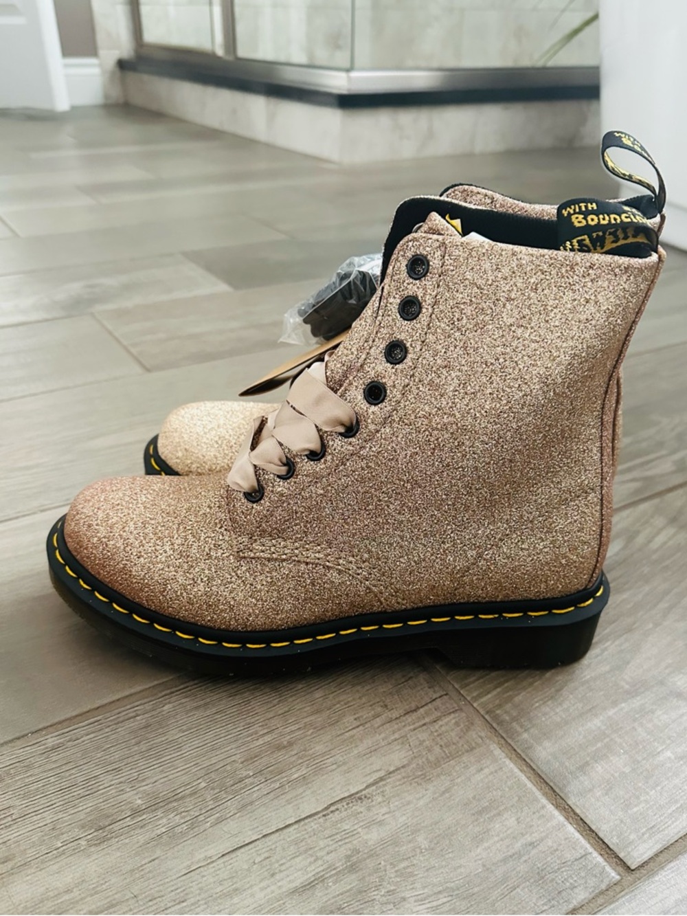 Dr. Martens Rose Gold Glitter Combat Boots - Picture 3 of 5